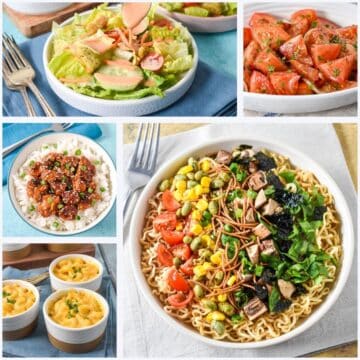 Grid of six colorful meals featuring fresh salad with dressing, tomato salad, teriyaki chicken with rice, mini mac and cheese cups, vegetable ramen noodle bowl, and a mixed vegetable salad with dressing being poured on top.