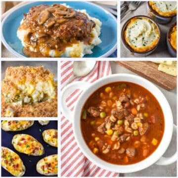 Collage of classic comfort food dishes including green bean casserole, Salisbury steak with mushroom gravy, mini shepherd's pies, chicken and rice casserole, twice-baked potatoes, and beef barley soup.