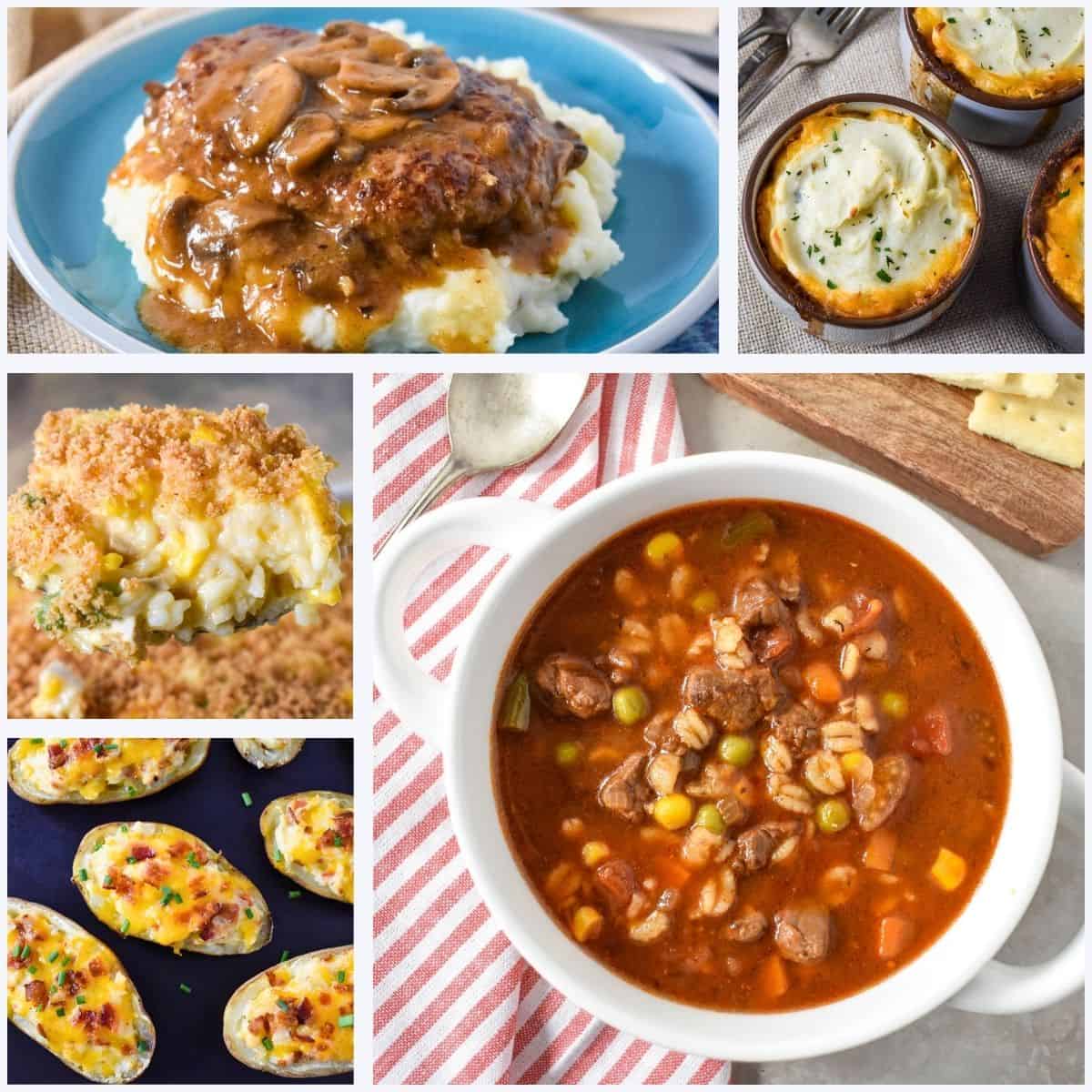 Collage of classic comfort food dishes including green bean casserole, Salisbury steak with mushroom gravy, mini shepherd's pies, chicken and rice casserole, twice-baked potatoes, and beef barley soup.