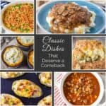 Collage of classic comfort food dishes including green bean casserole, Salisbury steak with mushroom gravy, mini shepherd's pies, chicken and rice casserole, twice-baked potatoes, and beef barley soup.