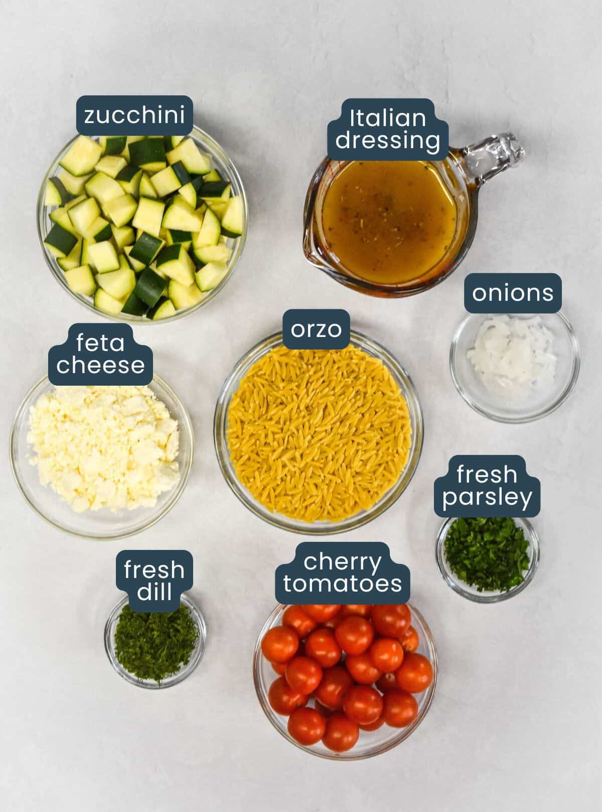 Ingredients for herb orzo salad displayed in bowls with labels, including zucchini, orzo, tomatoes, feta, herbs, and dressing.