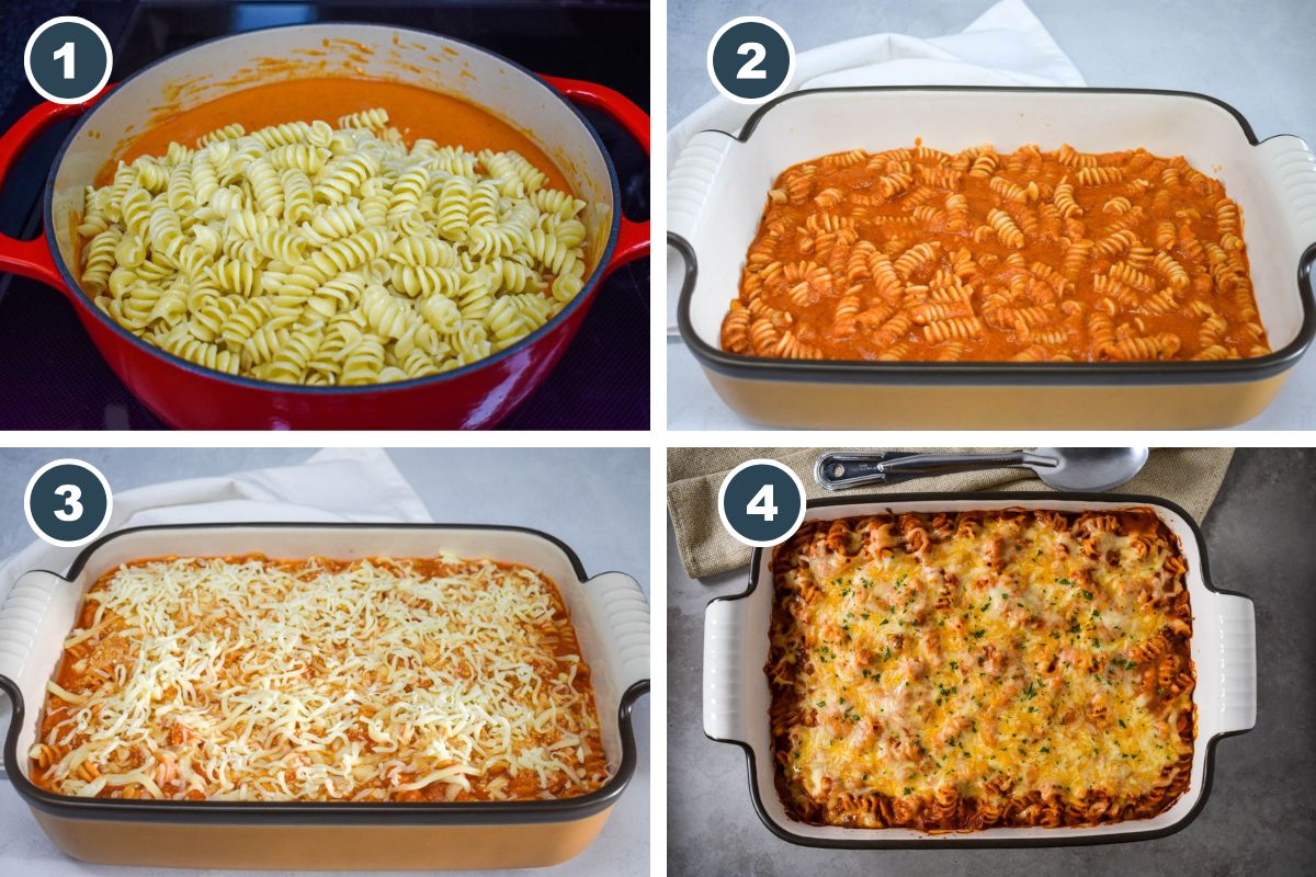 A collage of four images showing pasta mixed with sauce, layered into a baking dish, topped with shredded cheese, and baked until golden and bubbly.