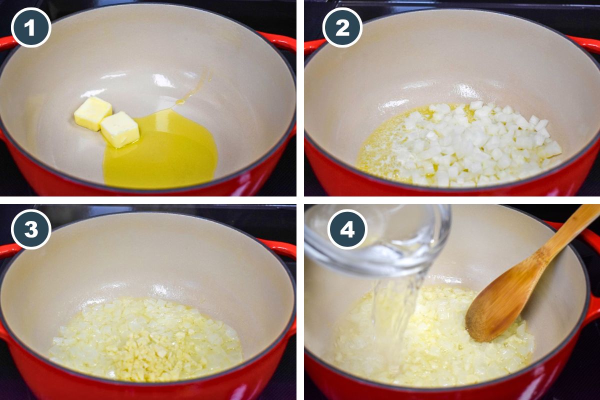 A collage of four images showing butter and olive oil melting in a pot, onions being sautéed, garlic added, and vodka poured in to deglaze.