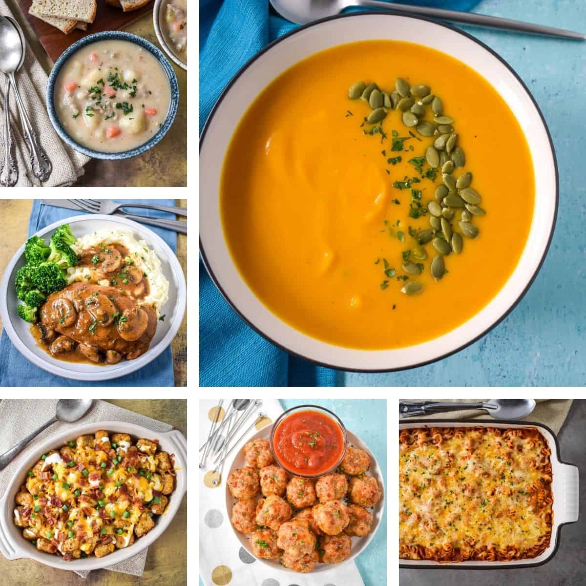 A collage of September recipes including bratwurst soup, pumpkin apple soup, one-pan chicken and mushrooms, loaded tater tots, sausage cheese balls, and a cheesy pasta bake.