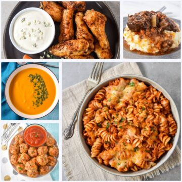Collage of comforting fall recipes including baked chicken wings with blue cheese dressing, tender short ribs over mashed potatoes, pumpkin soup topped with pepitas, baked pasta with ham and cheese, and Italian sausage meatballs with marinara.