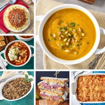 Collage of fall-inspired recipes with hearty dishes like soup, casseroles, pasta, and sandwiches. Features beef vegetable soup, baked apples, cheesy baked pasta, Reuben sandwich, butternut squash soup, seasoned rice, lasagna soup, and spaghetti with meat sauce.