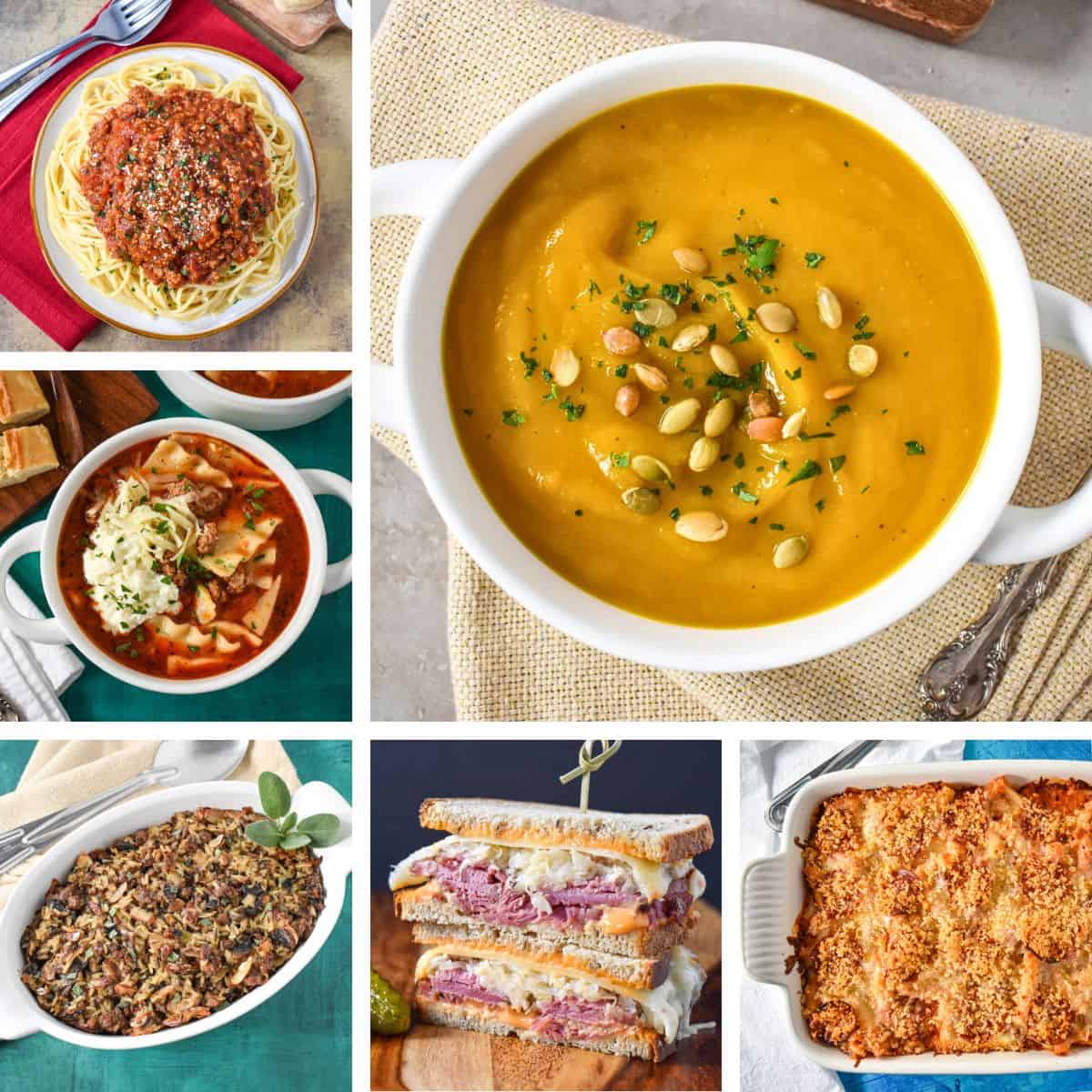 Collage of fall-inspired recipes with hearty dishes like soup, casseroles, pasta, and sandwiches. Features beef vegetable soup, baked apples, cheesy baked pasta, Reuben sandwich, butternut squash soup, seasoned rice, lasagna soup, and spaghetti with meat sauce.