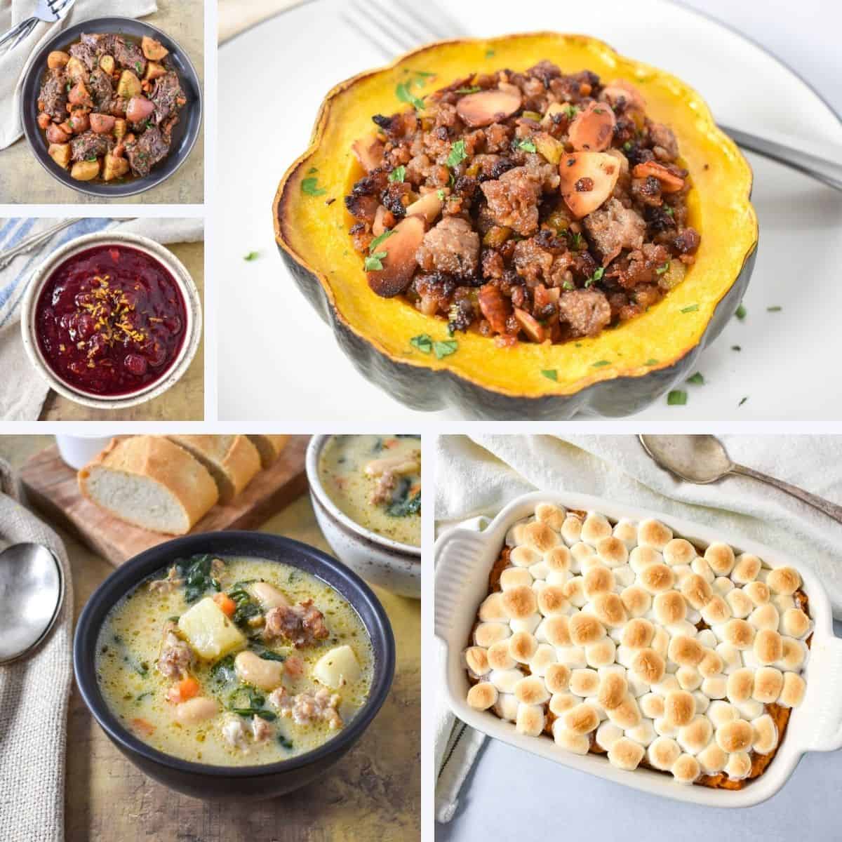 Collage of fall recipes including sausage stuffed acorn squash, Tuscan soup with cannellini beans, sweet potato casserole topped with toasted marshmallows, cranberry orange sauce, and French onion pot roast.