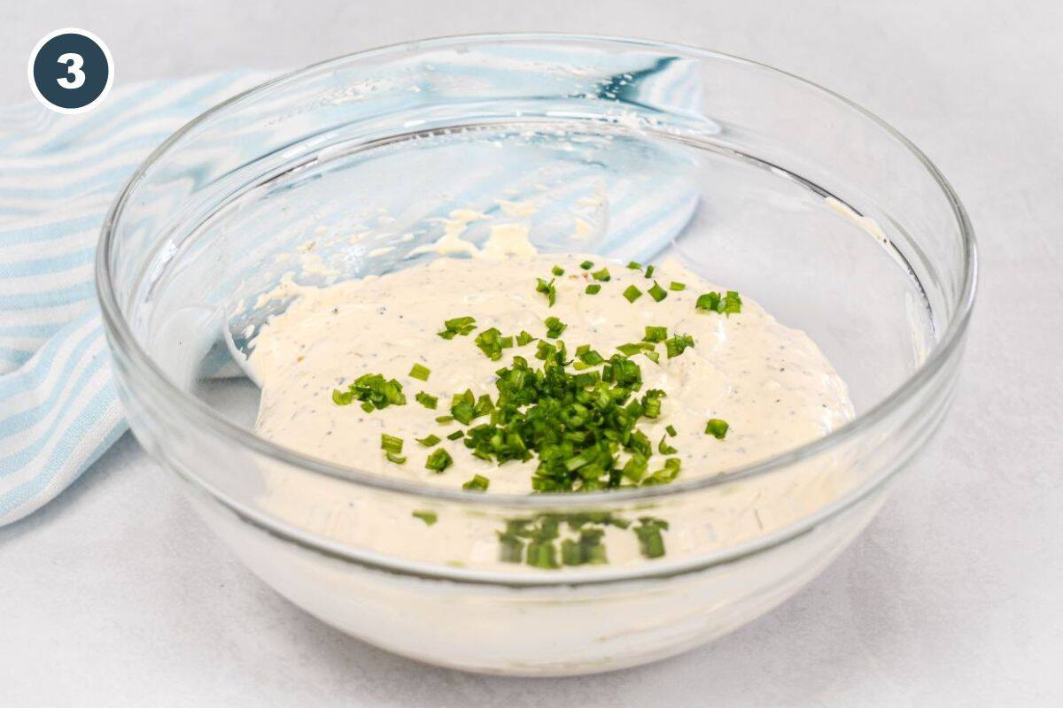 Mixture combined with chopped chives added on top before final stirring.