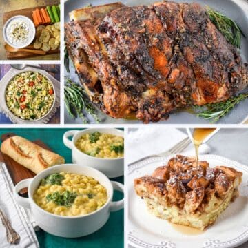 A collage of 5 images featuring recipes from the December roundup, including Cuban roast pork, broccoli mac and cheese, French toast casserole, everything bagel dip, and herb orzo salad.