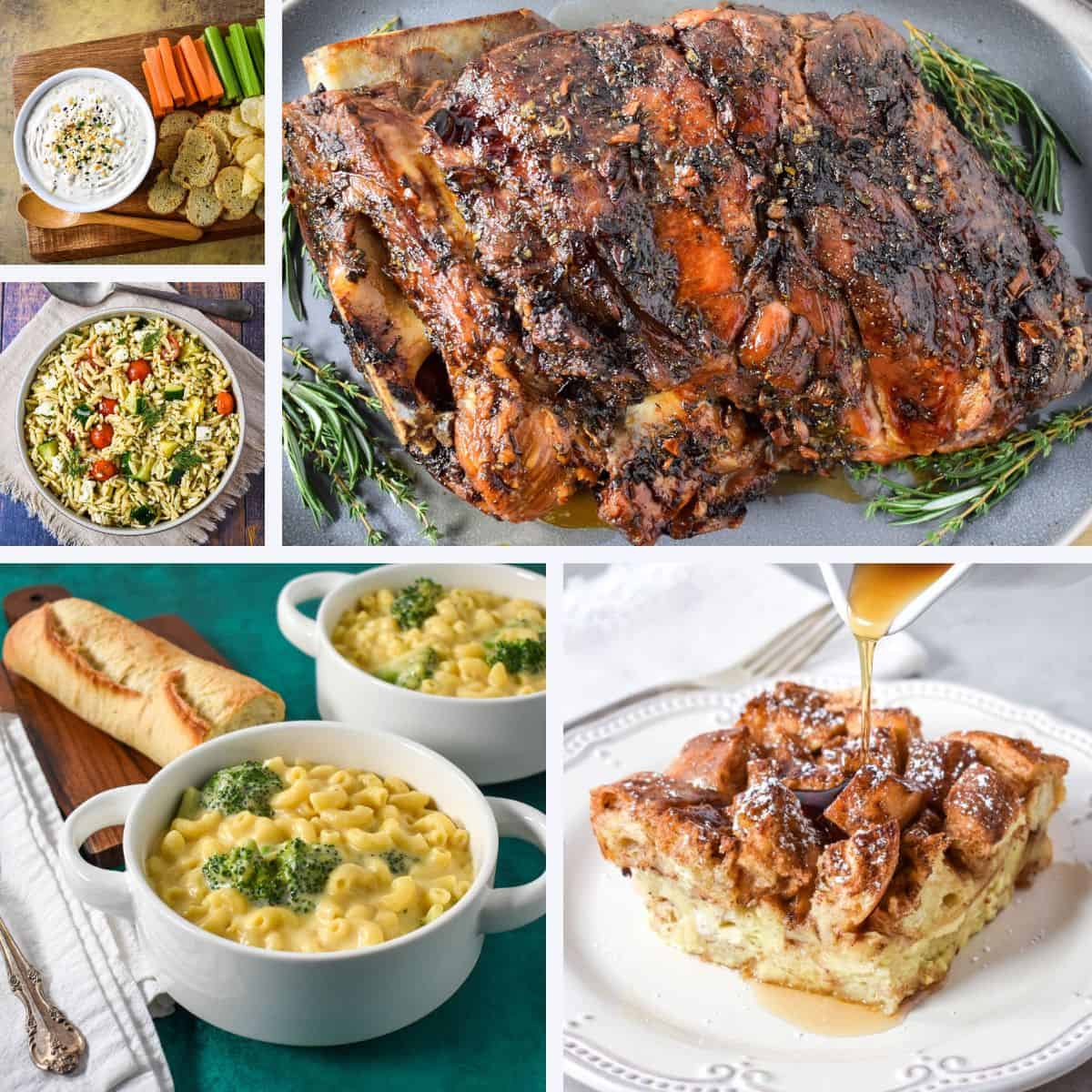 A collage of 5 images featuring recipes from the December roundup, including Cuban roast pork, broccoli mac and cheese, French toast casserole, everything bagel dip, and herb orzo salad.