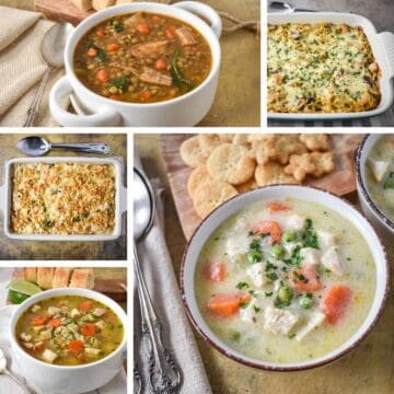 A collage of five images showing the recipes featured in the collection including turkey tetrazzini, turkey pot pie soup, among others.