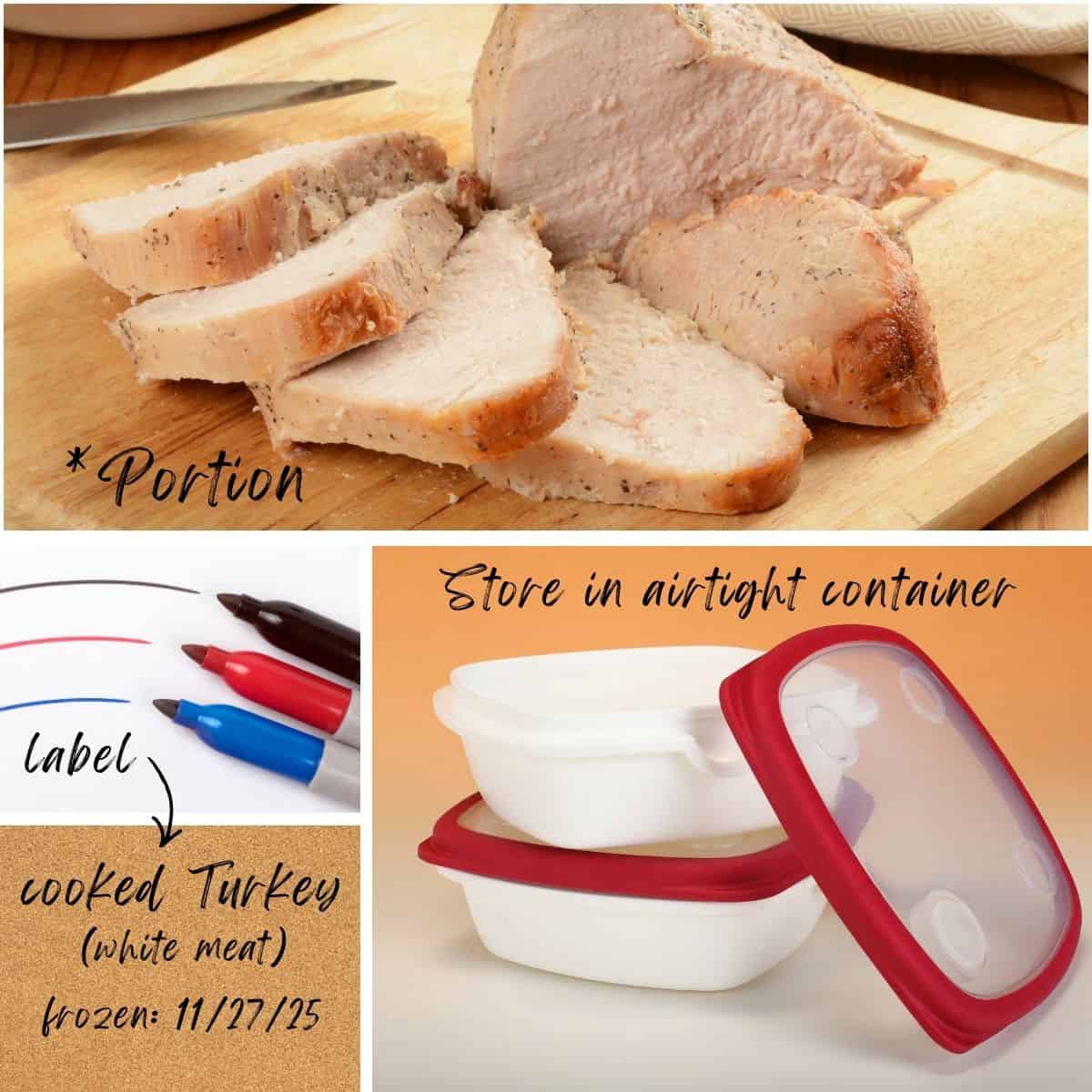 Collage showing leftover turkey storage tips with sliced cooked turkey, labeled markers for dating containers, and airtight food storage containers.