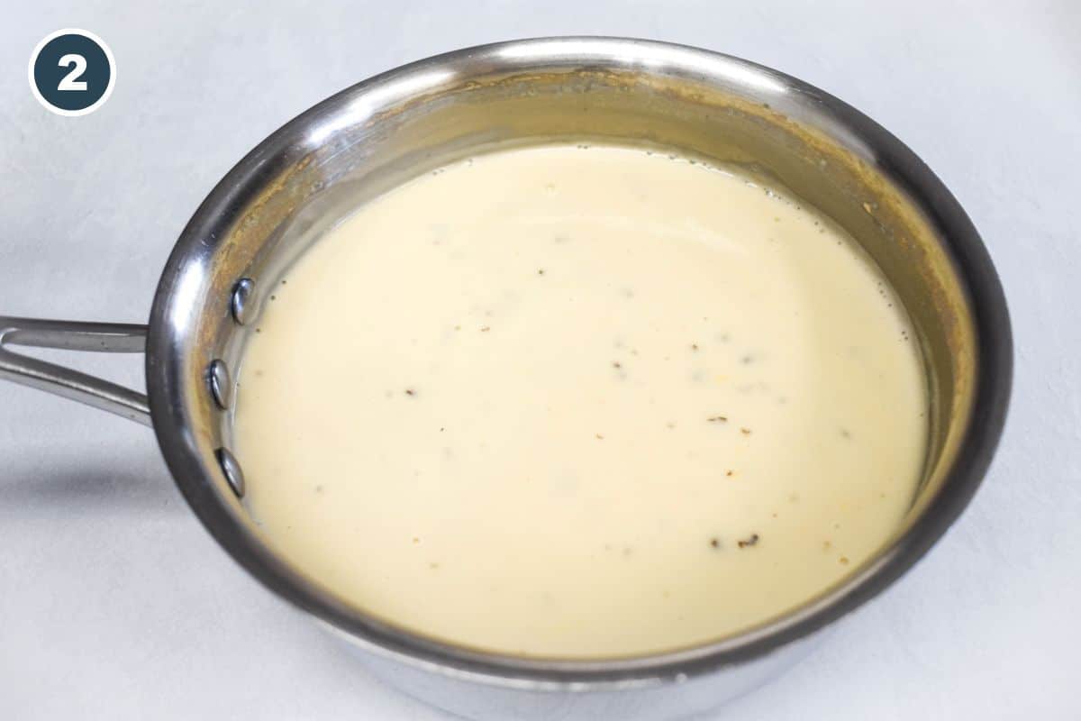 Creamy sauce in a saucepan after the ingredients have been melted and combined.