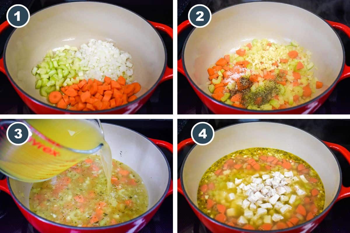 A collage of four pictures showing step-by-step how to make the soup, including sautéing the vegetables, adding seasonings, pouring in the broth, and stirring in the cooked turkey.
