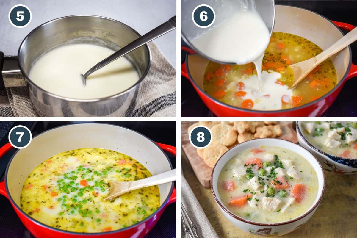 A collage of four pictures showing the next steps in making the soup, including preparing the white sauce, pouring it into the pot, simmering the mixture with peas, and serving the finished soup in bowls.