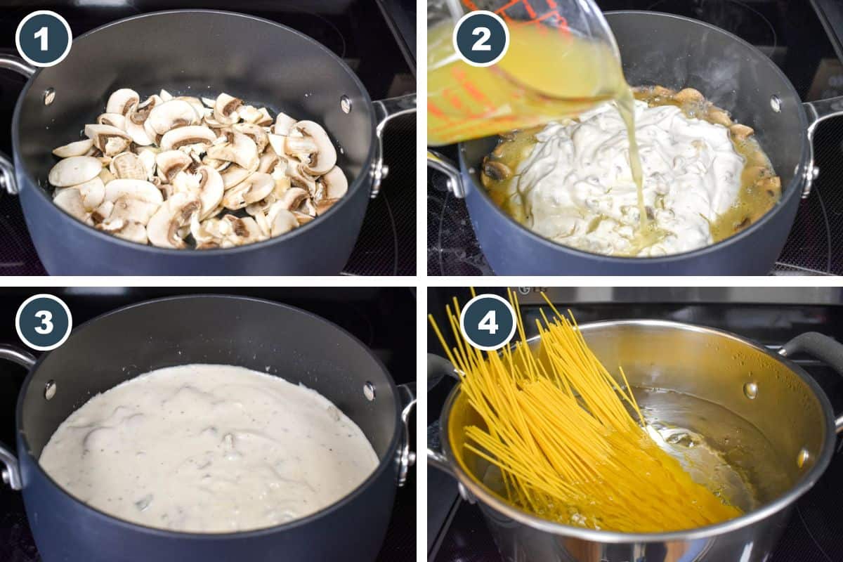 A collage of four cooking steps: mushrooms sautéing in a pot, broth being poured into a creamy mushroom mixture, the sauce simmering until smooth, and uncooked spaghetti added to a pot of boiling water.