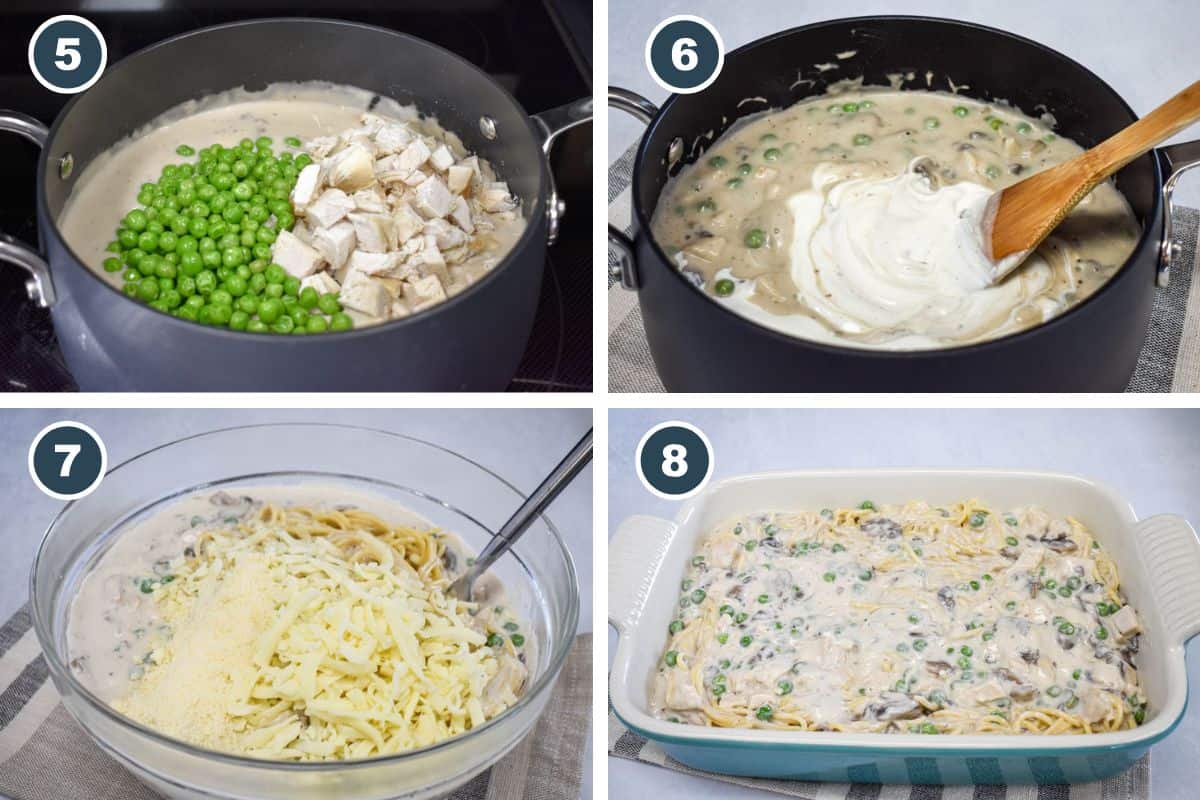 A collage of four cooking steps: peas and chopped turkey added to the sauce, sour cream being stirred in, cooked spaghetti mixed with shredded cheese in a bowl, and the pasta mixture spread in a casserole dish before baking.