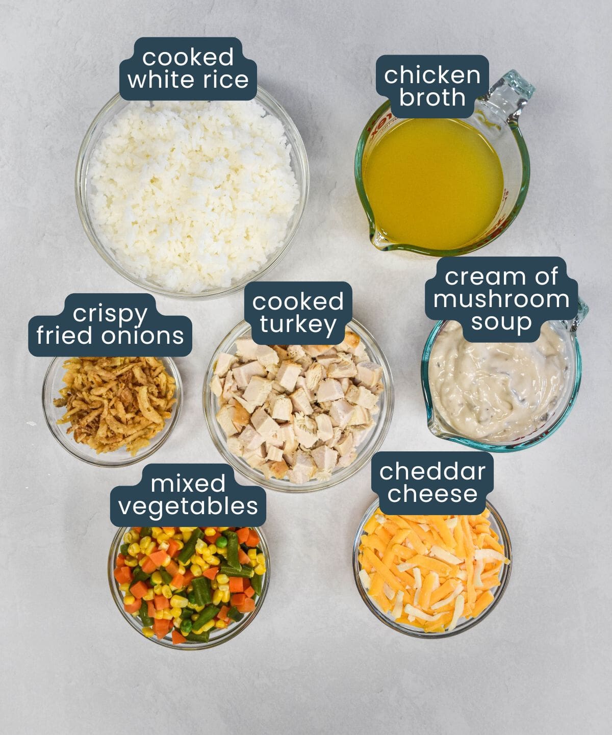 Overhead view of small bowls filled with the ingredients for a casserole, including cooked white rice, chicken broth, cream of mushroom soup, cooked turkey, mixed vegetables, cheddar cheese, and crispy fried onions. Each bowl is labeled.