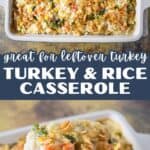 Pinterest pin for turkey and rice casserole, showing the baked casserole in a dish at the top and a spoonful of the creamy casserole at the bottom. Text on the pin reads “great for leftover turkey, turkey & rice casserole.”