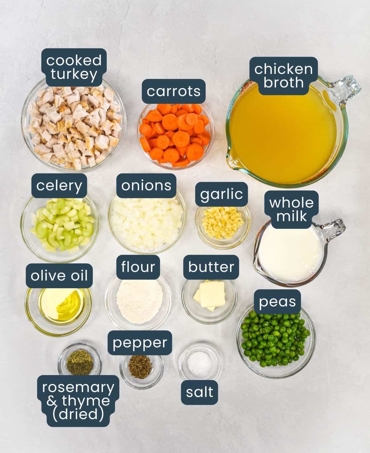 Overhead view of the prepared ingredients for the soup, each one placed in small bowls, set on a light table and labeled.