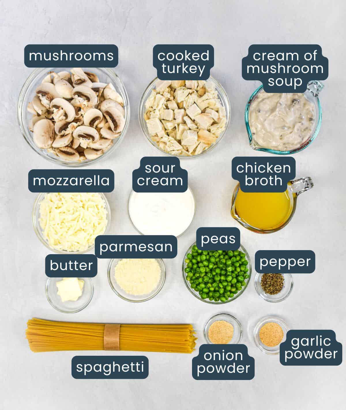 Overhead view of labeled ingredients in small bowls, including mushrooms, cooked turkey, cream of mushroom soup, chicken broth, sour cream, mozzarella, parmesan, peas, butter, spaghetti, onion powder, garlic powder, and pepper.