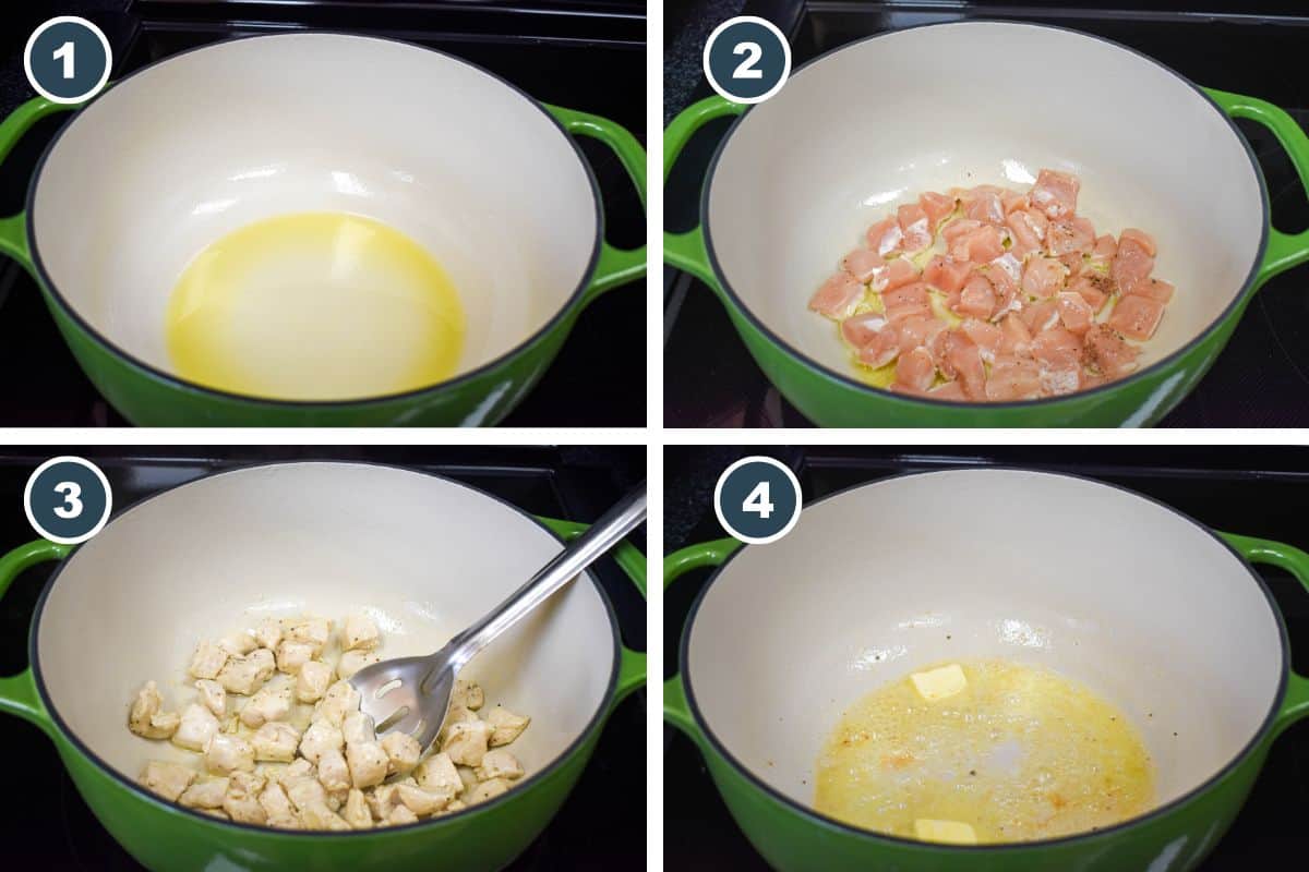 Step-by-step images showing olive oil heating in a pot, cubed chicken added and browned, the chicken removed, and butter melting in the pot.