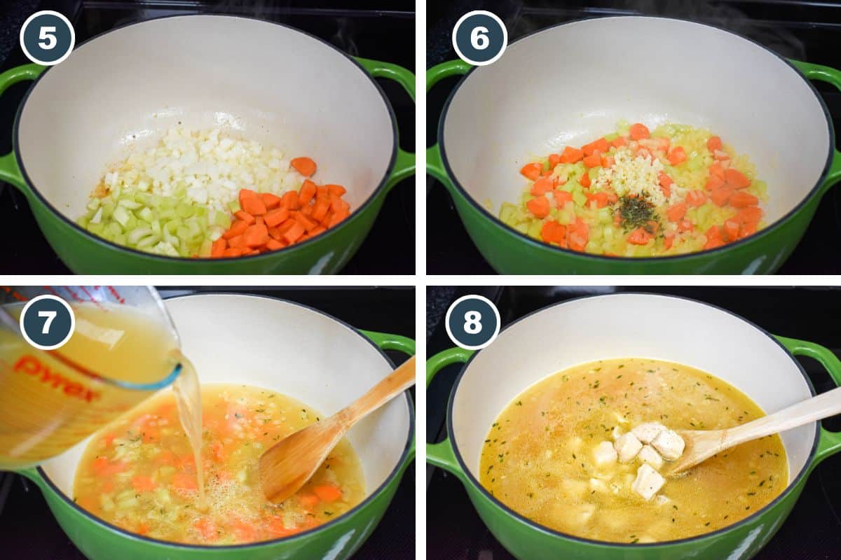 Step-by-step images showing vegetables added to the pot, garlic and herbs stirred in, broth poured over the vegetables, and cooked chicken returned to the pot.