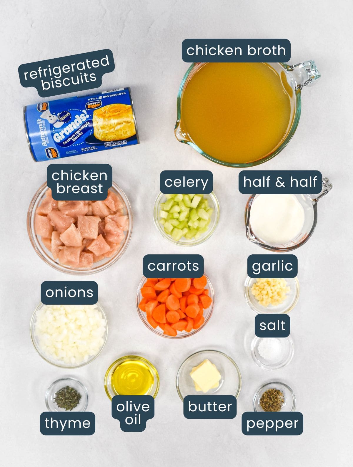 The ingredients for the recipe arranged in glass bowls on a white table, with each ingredient labeled.