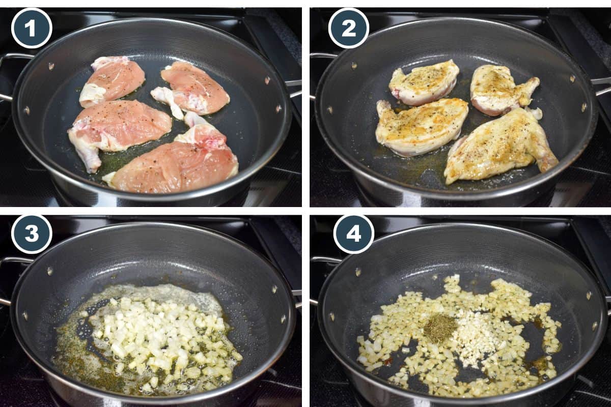 A collage of four images showing the step-by-step process of searing airline chicken in a skillet, then cooking onions, garlic, and seasoning in the same pan.