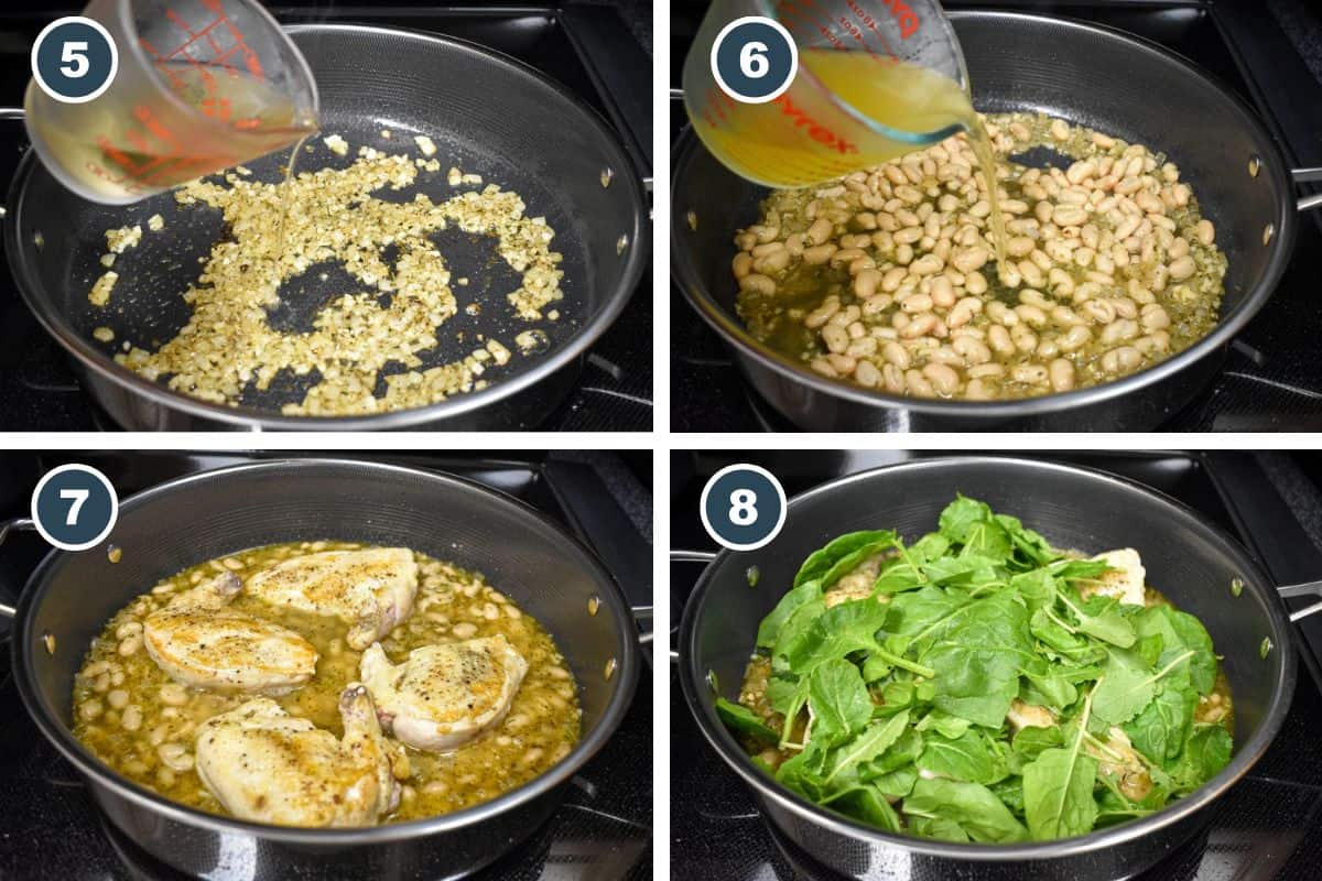 A collage of four images showing the next steps of the recipe: deglazing the pan, adding cannellini beans and broth, returning the chicken to the skillet, and adding greens to wilt.