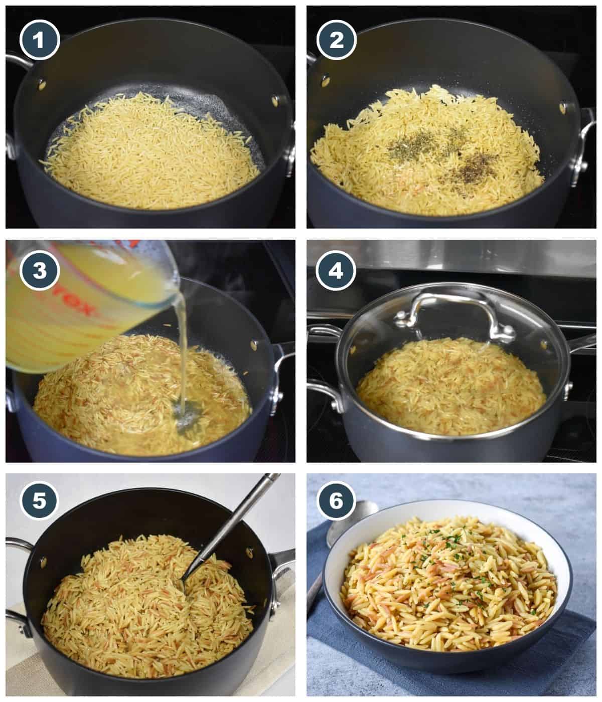 Step-by-step process showing orzo pilaf being cooked: dry orzo toasted in a pot, seasonings added, chicken broth poured in, covered pot simmering, fluffed orzo in the pot, and finished dish served in a bowl.
