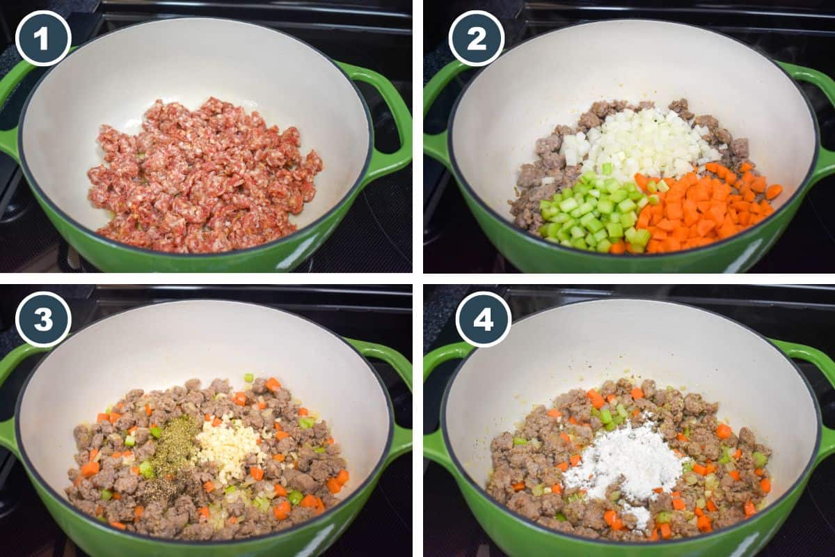 Four-step process collage showing Italian sausage browned in a pot, onions, celery, and carrots added, garlic and Italian seasoning stirred in, and flour added to thicken the soup base.