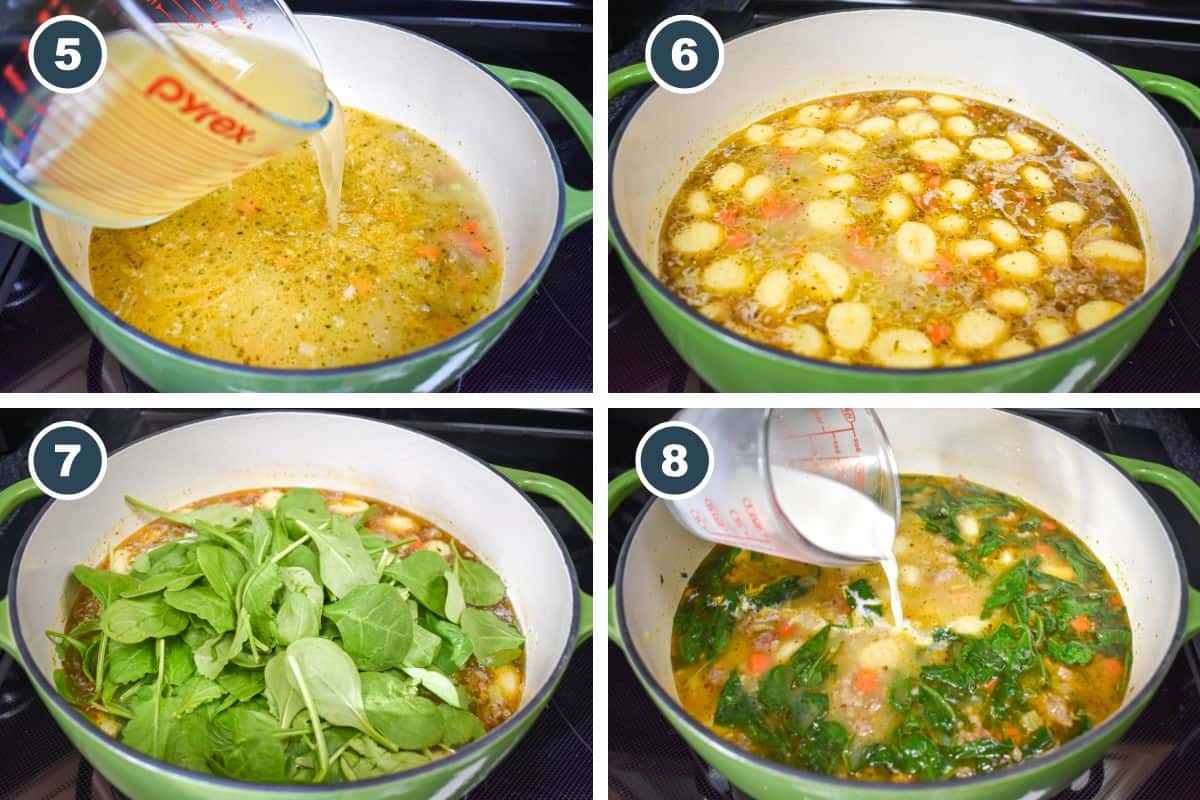 Four-step process collage showing chicken broth added, gnocchi simmering, spinach added to wilt, and half and half stirred into the soup.