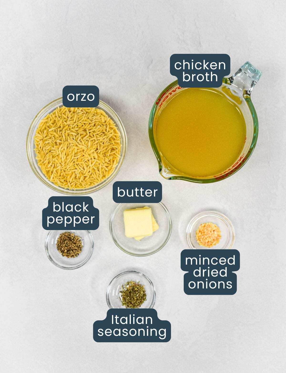 Labeled ingredients for the recipe including orzo, chicken broth, butter, black pepper, minced dried onions, and Italian seasoning on a light background.