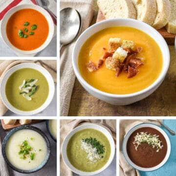 Collage of six creamy soups, including tomato, butternut squash, asparagus, potato leek, and black bean soup.