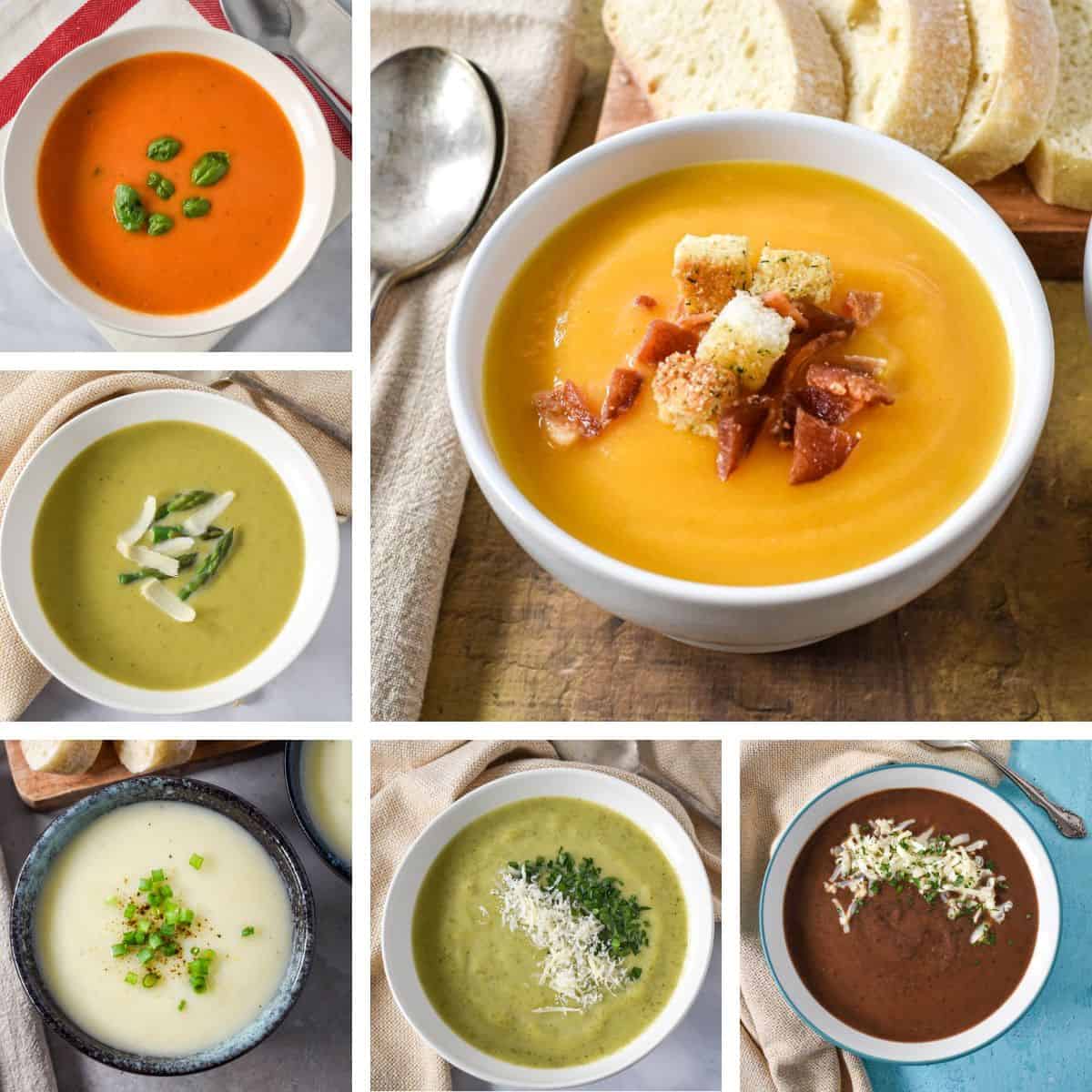 Collage of six creamy soups, including tomato, butternut squash, asparagus, potato leek, and black bean soup.