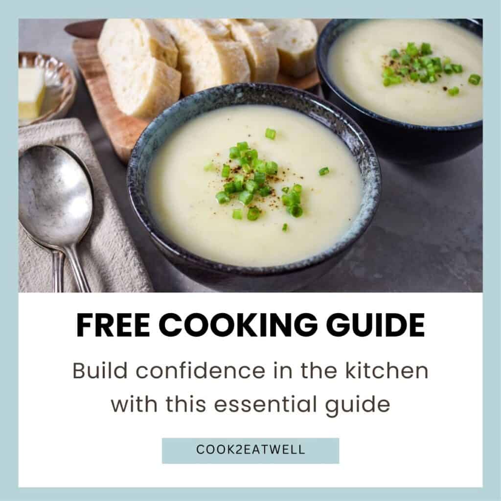 A graphic with potato leek soup and text that reads "free cooking guide" with a description and call to action button.