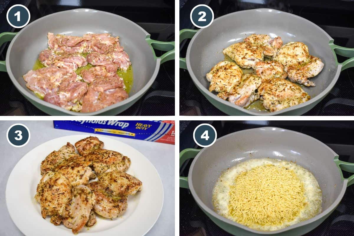This step-by-step collage shows seasoned chicken browning in a skillet, the cooked chicken set aside, and orzo toasting in butter.