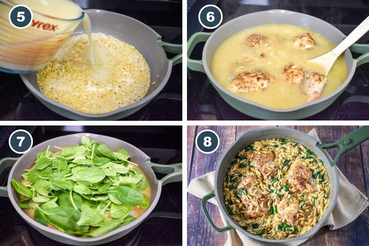 This step-by-step collage shows the broth mixture added to the toasted orzo, the chicken simmering in the pan, spinach added on top, and the finished dish.