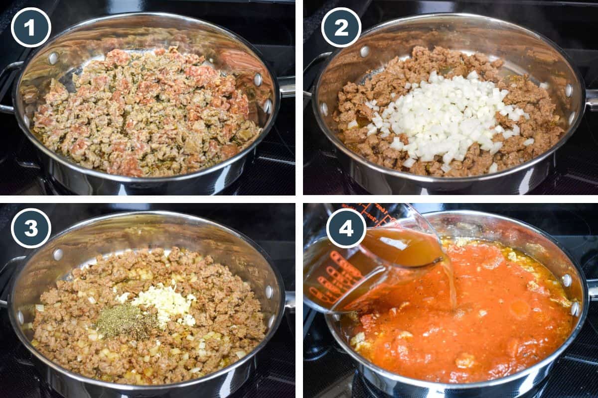 Collage showing steps one through four: brown the sausage, add onion and garlic, then stir in the sauce, tomatoes, and broth and bring to a gentle simmer.