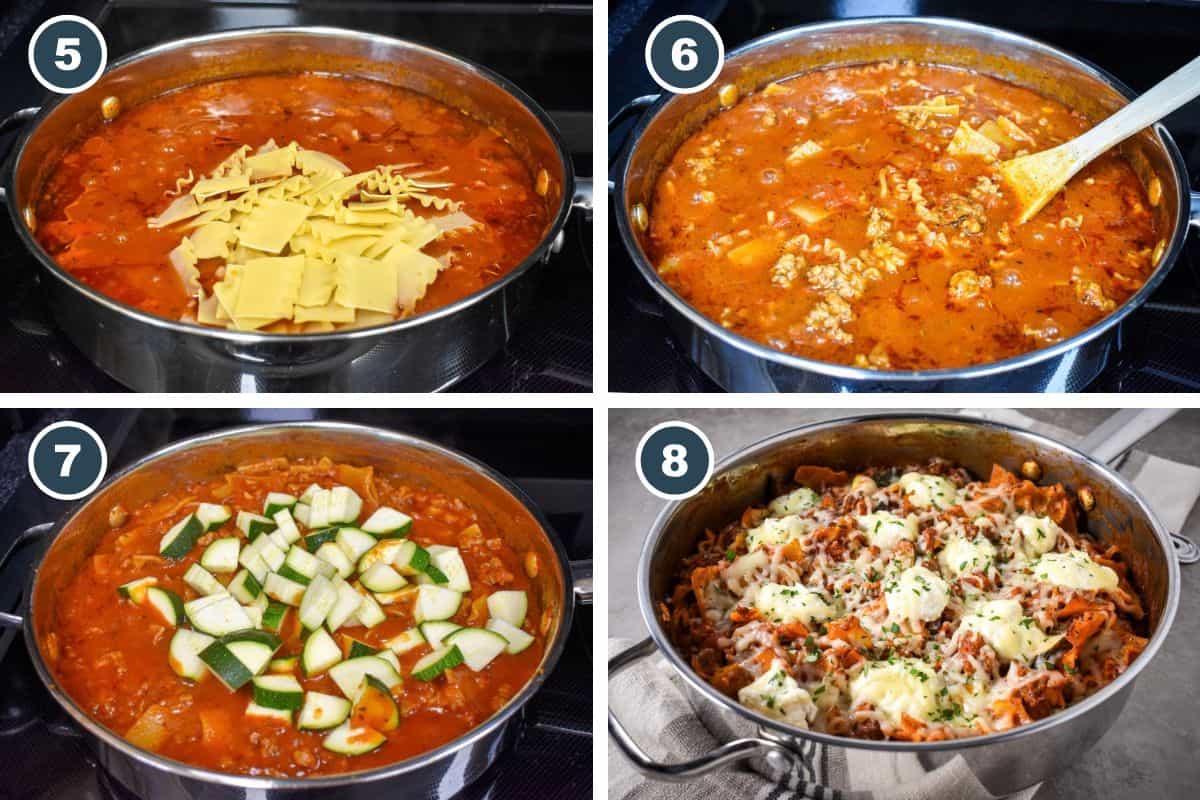 Collage showing steps five through eight: add noodles and simmer until tender, stir in zucchini, then top with ricotta and mozzarella and melt before serving.
