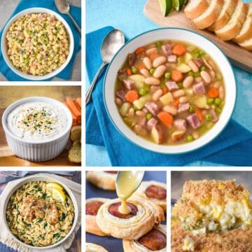 April recipe roundup collage featuring ham pasta salad, everything bagel dip, ham and bean soup, creamy chicken orzo, and a cheesy casserole.