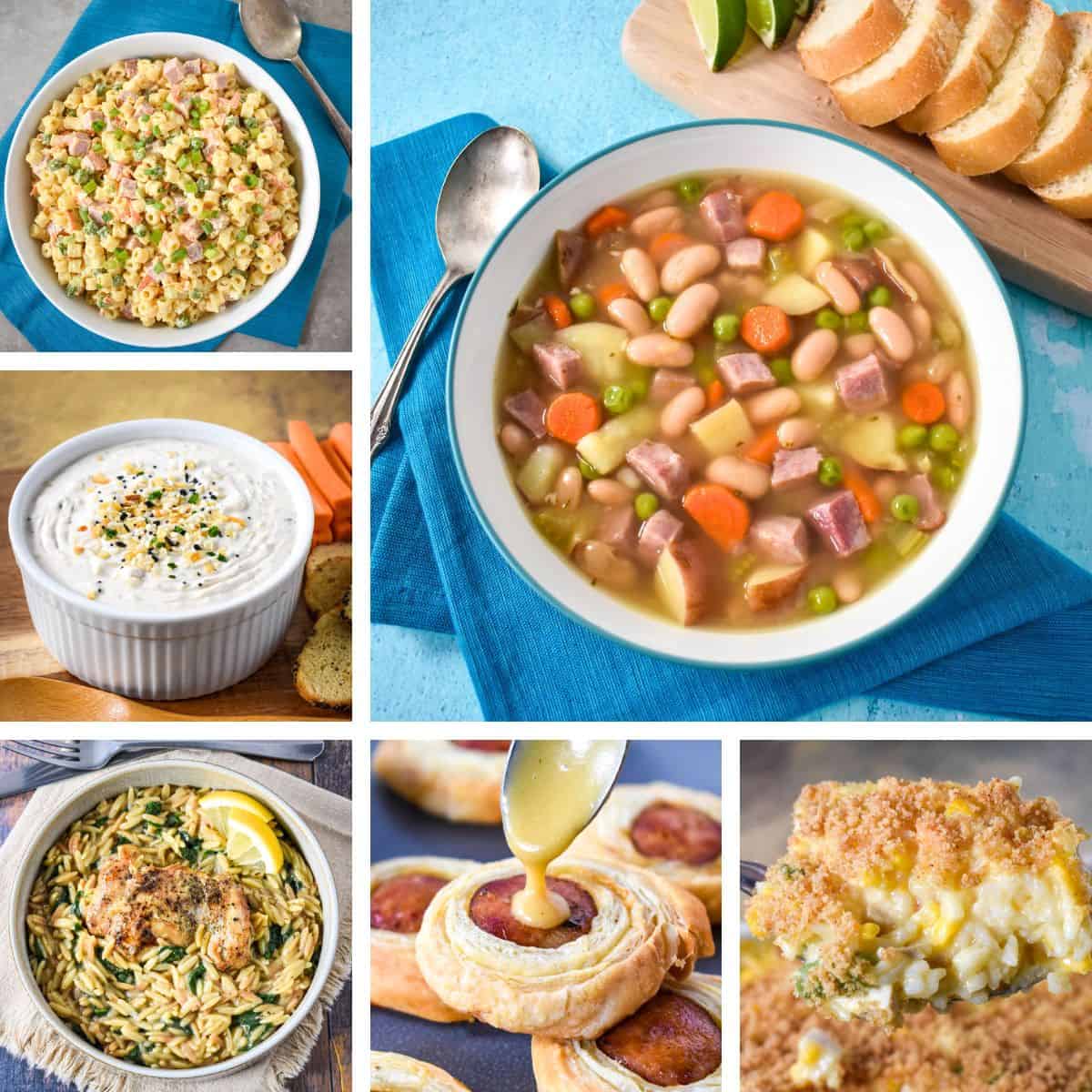 April recipe roundup collage featuring ham pasta salad, everything bagel dip, ham and bean soup, creamy chicken orzo, and a cheesy casserole.