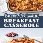 Ingredients for the casserole including croissants, eggs, milk, half-and-half, cheese, bacon, and seasonings arranged on a white table and labeled.