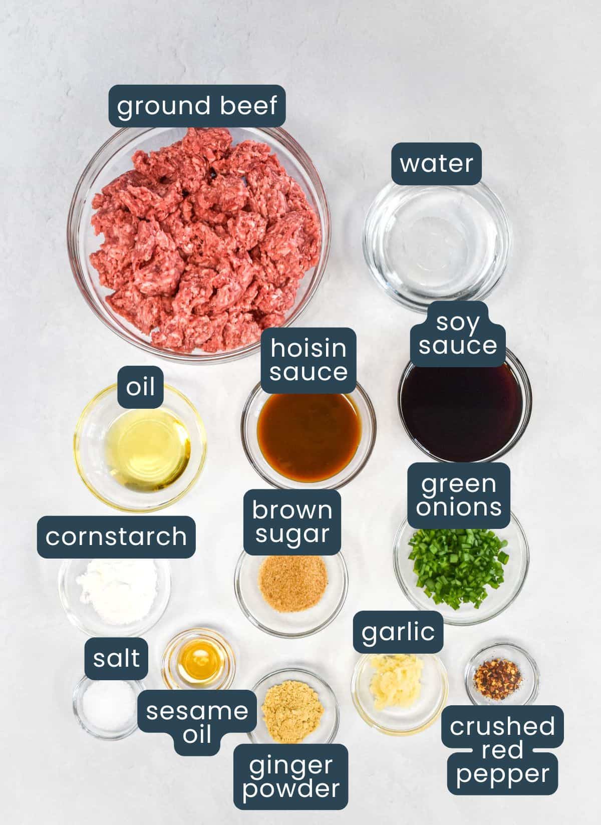 Ingredients for ground beef bowls including ground beef, soy sauce, hoisin sauce, garlic, ginger, and green onions arranged in glass bowls on a white table, with each labeled.