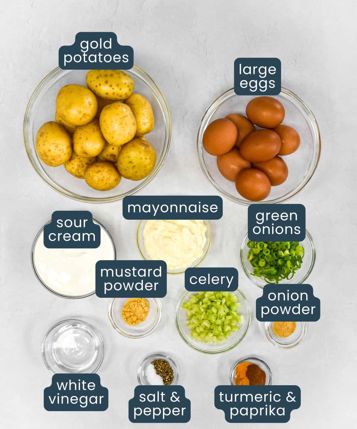 Flat lay of all ingredients for Deviled Egg Potato Salad on a white surface: glass bowls containing gold potatoes, brown eggs, mayonnaise, sour cream, chopped green onions, diced celery, dry mustard powder, salt and pepper, paprika, onion powder, and turmeric.