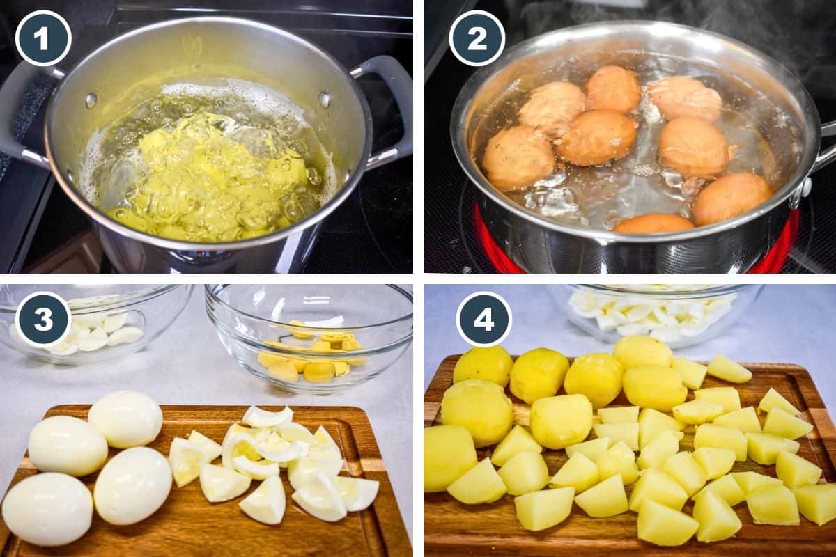Four-step process for Deviled Egg Potato Salad: 1) Potatoes boiling in a pot. 2) Eggs boiling in a pot. 3) Hard-boiled eggs, some whole and some sliced on a wooden cutting board. 4) Chopped cooked gold potatoes on a cutting board.