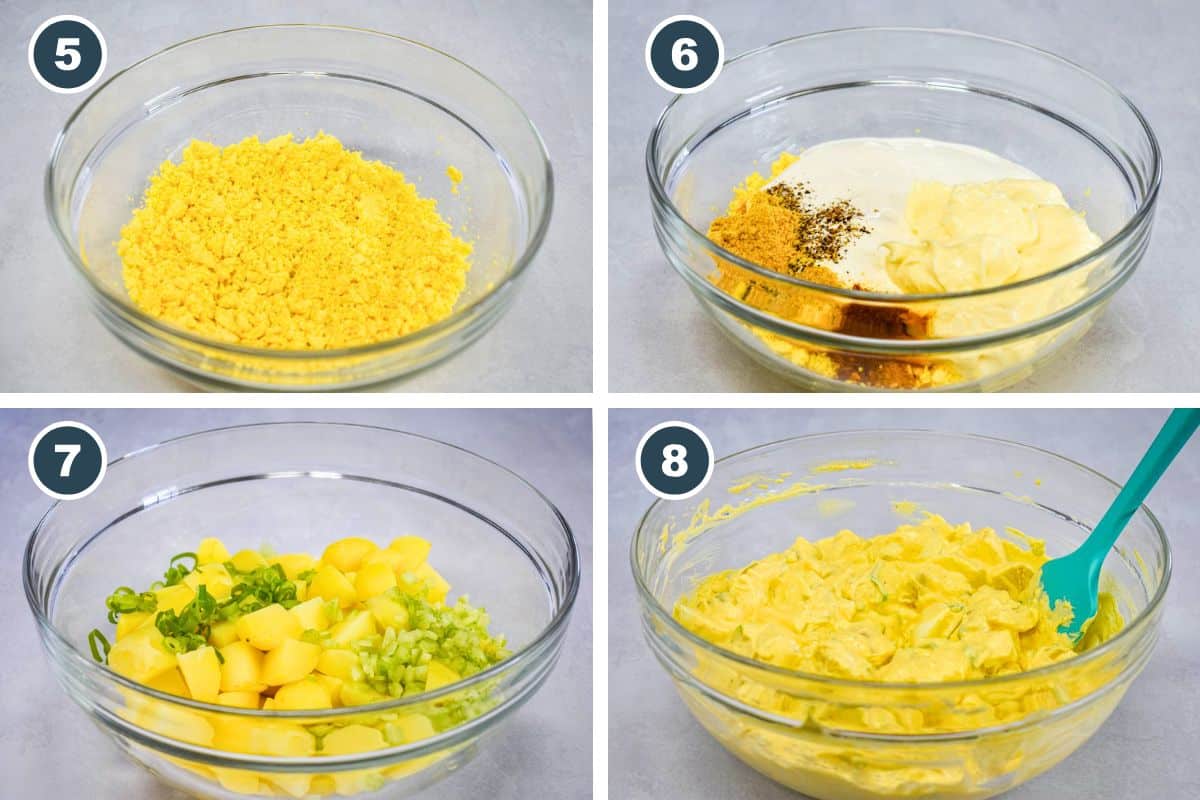 Four-step process for Deviled Egg Potato Salad: 5) Mashed egg yolks in a glass bowl. 6) Mashed egg yolks with mayonnaise, sour cream, and spices ready to mix. 7) Chopped potatoes, celery, and green onions in a large glass bowl. 8) Finished deviled egg potato salad being mixed in a bowl with a teal spatula.