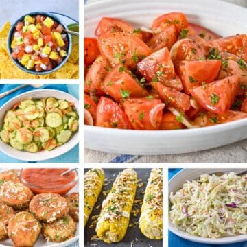 Colorful summer side dishes collage featuring marinated tomatoes, mango salsa, cucumber salad, fried zucchini, grilled Mexican corn, and coleslaw.